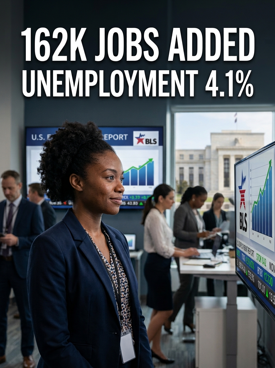 Photorealistic U.S. jobs report news scene showing American workers, financial market imagery, and the Federal Reserve backdrop, highlighting 162,000 jobs added and a 4.1% unemployment rate in August 2026.