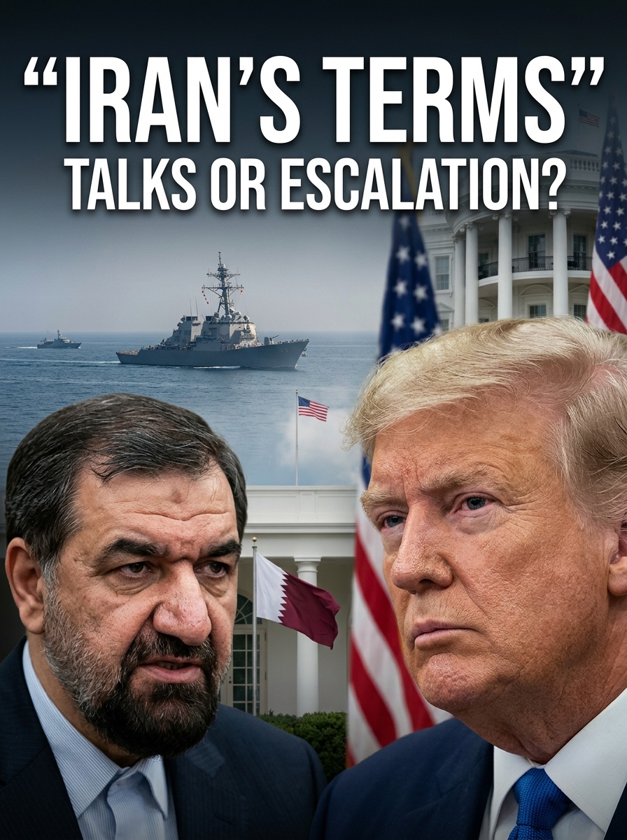 U.S. President Donald Trump and Iranian security official Mohsen Rezaei depicted in a realistic geopolitical news scene as Washington and Tehran weigh renewed nuclear talks amid rising military tensions and Iran’s demands for negotiations.