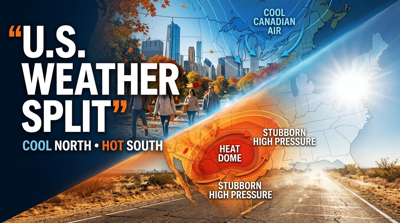 2026 U.S. autumn weather split showing cool crisp conditions in the Northeast and Midwest while Texas and the Southwest experience lingering extreme heat.
