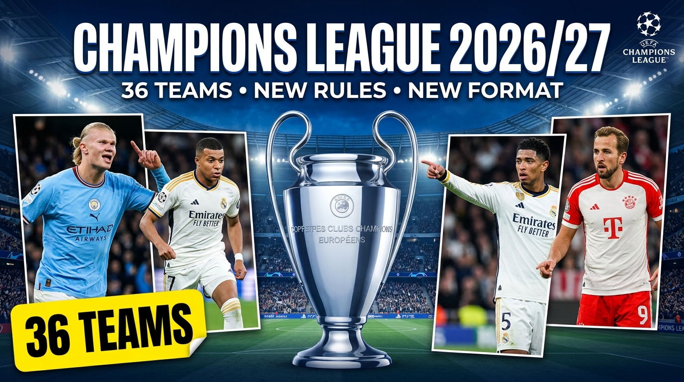 UEFA Champions League 2026/27 YouTube thumbnail featuring the Champions League trophy at center, real football players from major European clubs on both sides, a packed illuminated stadium background, and bold text reading “CHAMPIONS LEAGUE 2026/27” and “36 TEAMS • NEW RULES.”