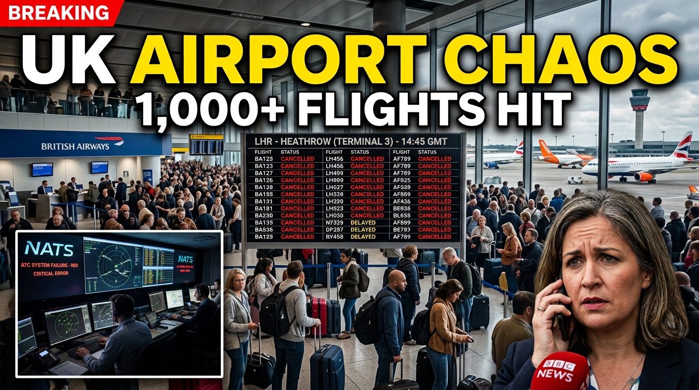 UK airport chaos as passengers face cancelled flights at Heathrow, with aircraft grounded, crowded departure halls, and air traffic control disruption highlighted in a breaking-news scene.