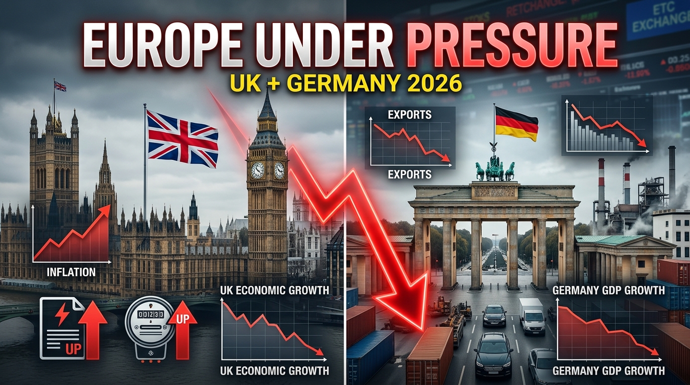 UK and Germany facing economic challenges in 2026, with London and Berlin landmarks, rising inflation, energy costs, declining exports, and downward economic charts.
