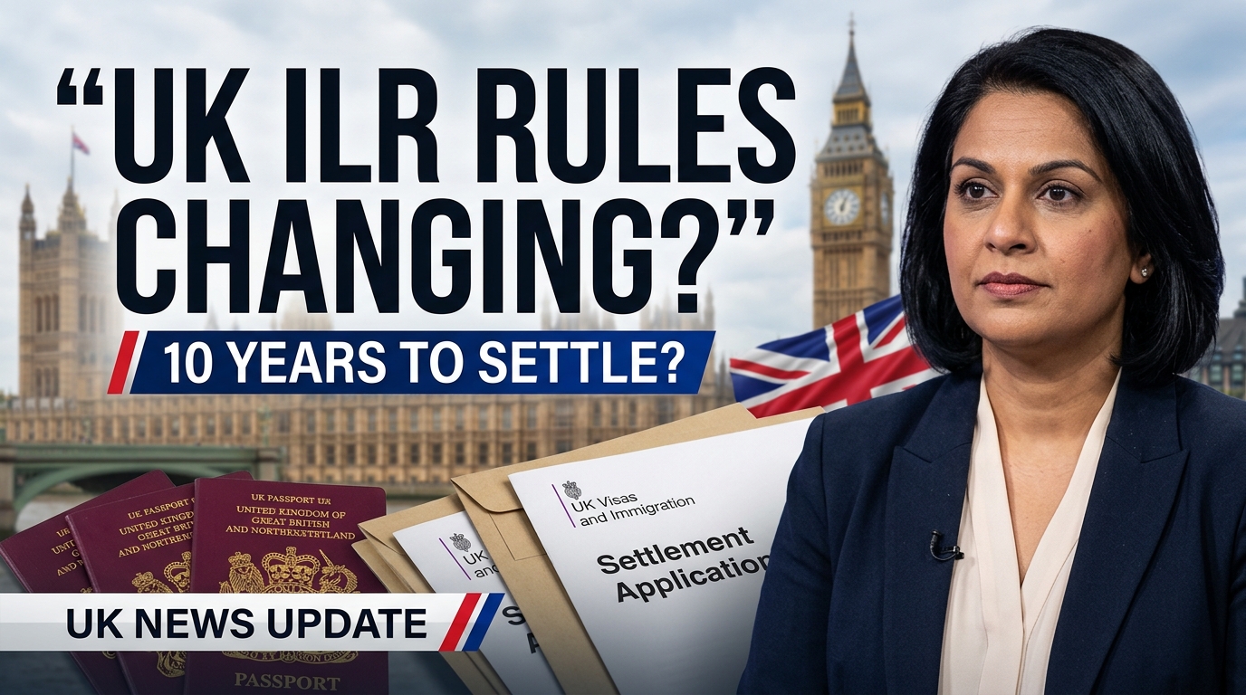 Shabana Mahmood discussing potential changes to UK permanent residence and ILR rules for foreign workers, with the UK Parliament and Union Jack in the background.