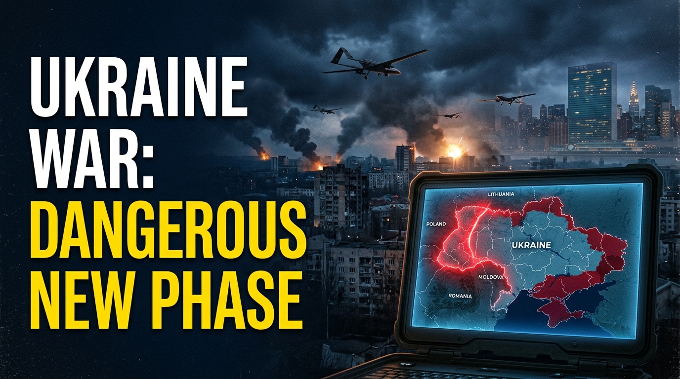 Dramatic news thumbnail showing Ukraine amid escalating attacks, military drones, explosions, smoke, and a warning of regional conflict spreading across Eastern Europe, with the UN headquarters in the background.