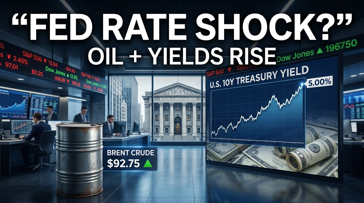 Wall Street market screens, Federal Reserve building, rising U.S. Treasury yields, and crude oil prices highlighting investor concerns over a potential Fed rate decision.