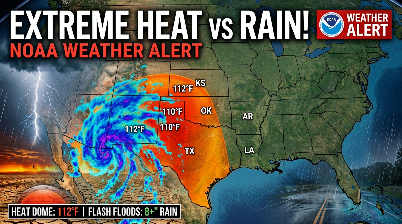 Realistic NOAA-style U.S. weather map showing extreme heat across the Central and Southern Plains contrasted with tropical moisture, thunderstorms, and heavy rainfall bringing drought relief to Texas and the Western United States.