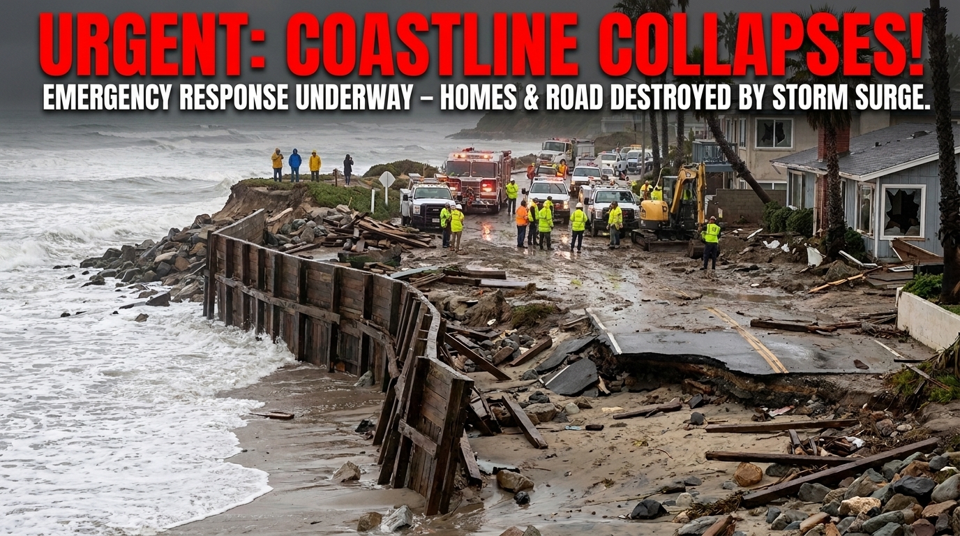 “Storm-damaged California coastline with powerful waves, severe coastal erosion, debris, damaged seawalls, and emergency crews conducting cleanup and recovery operations.”