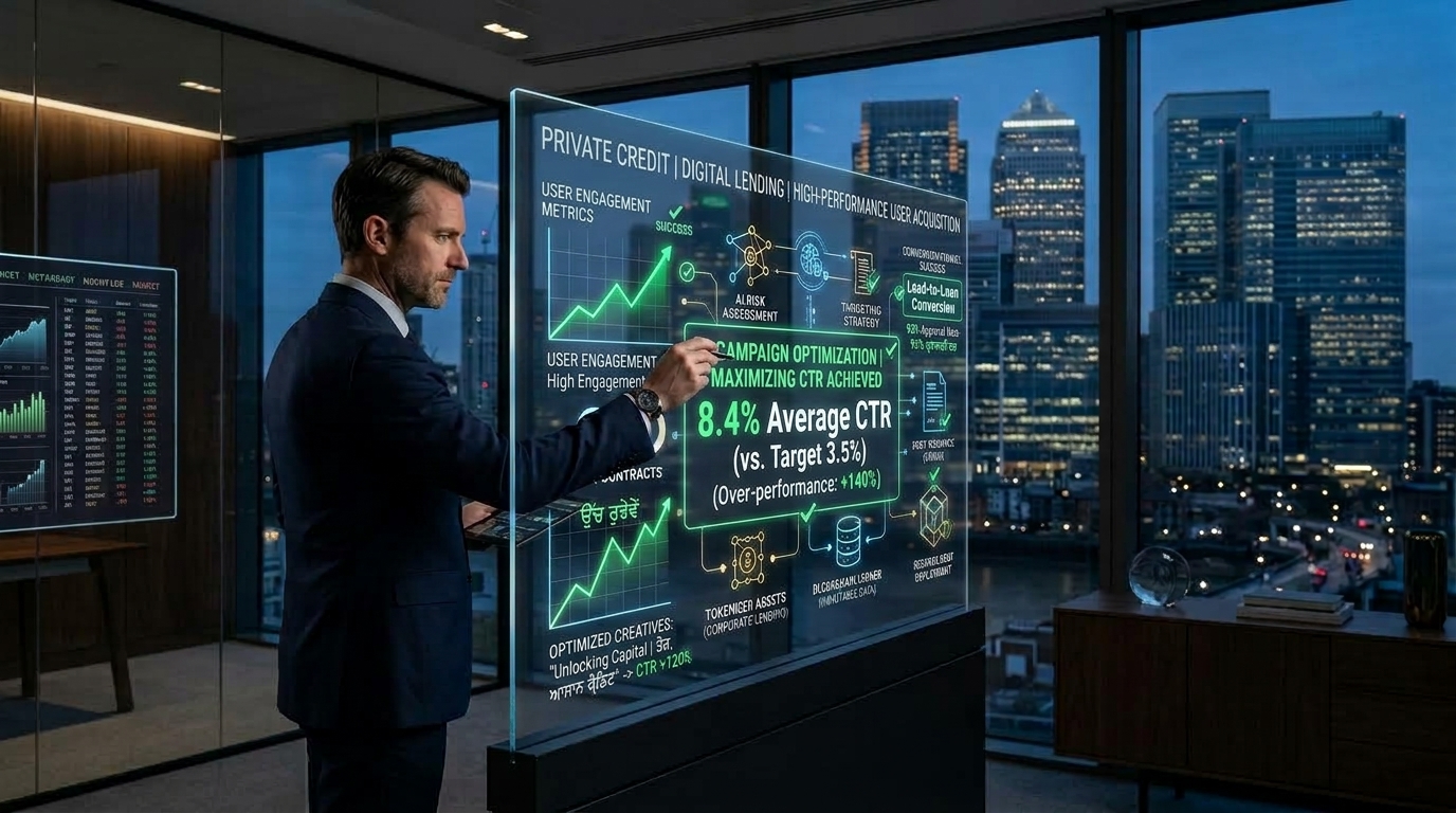 Private credit boom and digital finance showing AI-powered lending, blockchain technology, tokenization, and financial data networks transforming modern corporate lending.