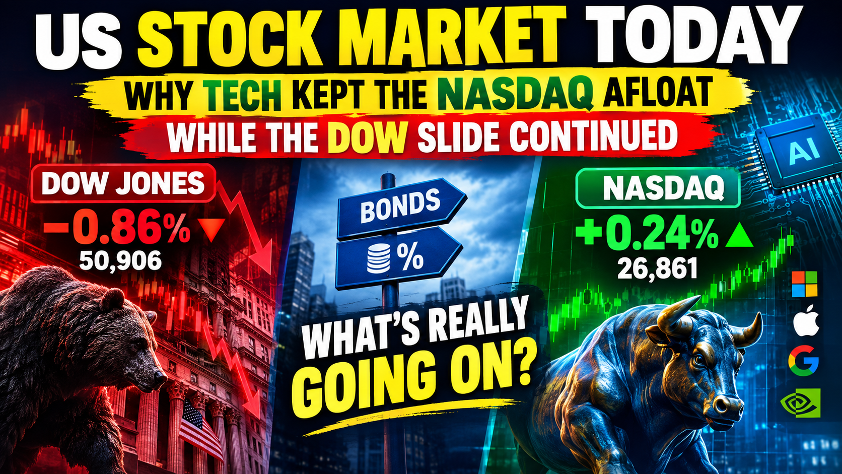 US stock market thumbnail showing the Dow Jones falling 0.86% while the Nasdaq rises 0.24%, with Wall Street, bonds, AI technology, bullish and bearish market imagery, and the headline “Why Tech Kept the Nasdaq Afloat While the Dow Slide Continued.”
