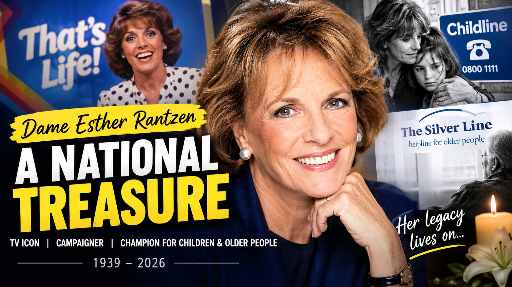 Dame Esther Rantzen memorial thumbnail featuring her portrait, That’s Life! imagery, Childline and The Silver Line references, with the headline “A National Treasure” and “Her legacy lives on.”