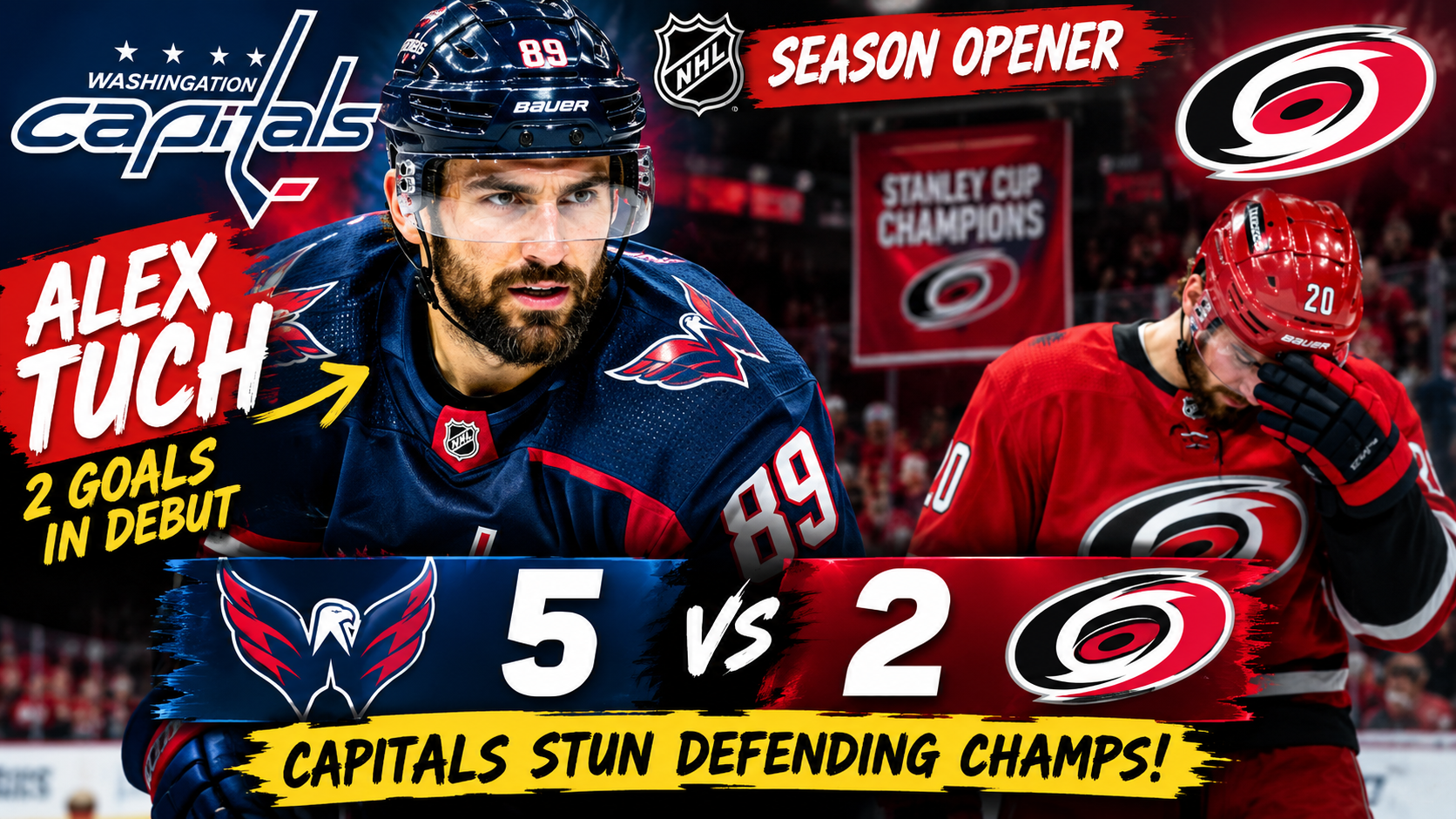 : Alex Tuch in a Washington Capitals jersey celebrates a two-goal debut as the Capitals defeat the Carolina Hurricanes 5β2 in a dramatic NHL season opener.