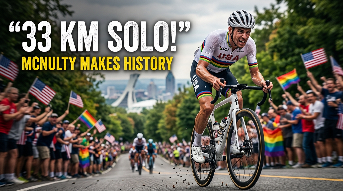 Brandon McNulty racing solo toward a historic 2026 World Championship victory in Montreal, with a chasing group of cyclists behind him and the city skyline in the background.