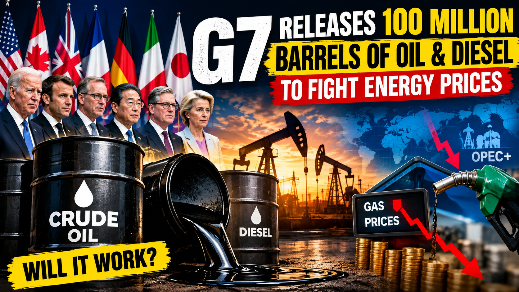 G7 leaders and national flags above oil barrels, pumpjacks, and a fuel nozzle, with bold text announcing the release of 100 million barrels of oil and diesel to fight rising energy prices.