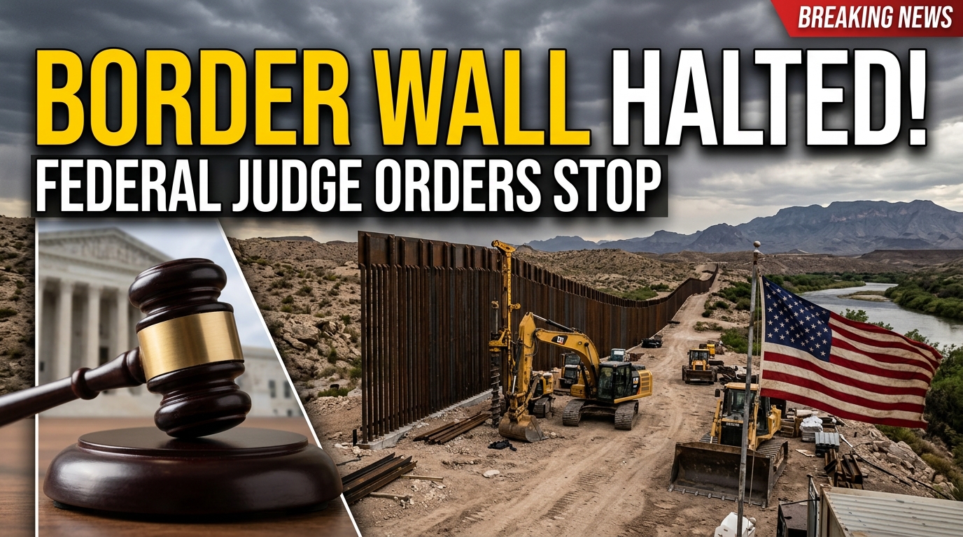 Federal judge halts Big Bend border wall construction in Texas, with unfinished steel barriers and construction machinery in the desert.