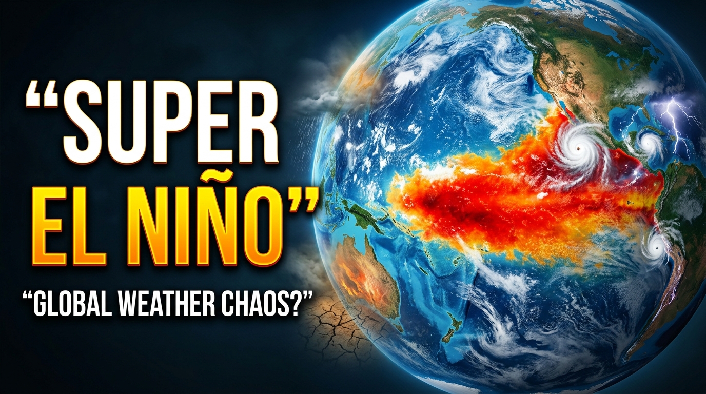 Super El Niño causing extreme global weather, with a heated Pacific Ocean, powerful storms, flooding, drought, wildfires, and climate disruption around the world.