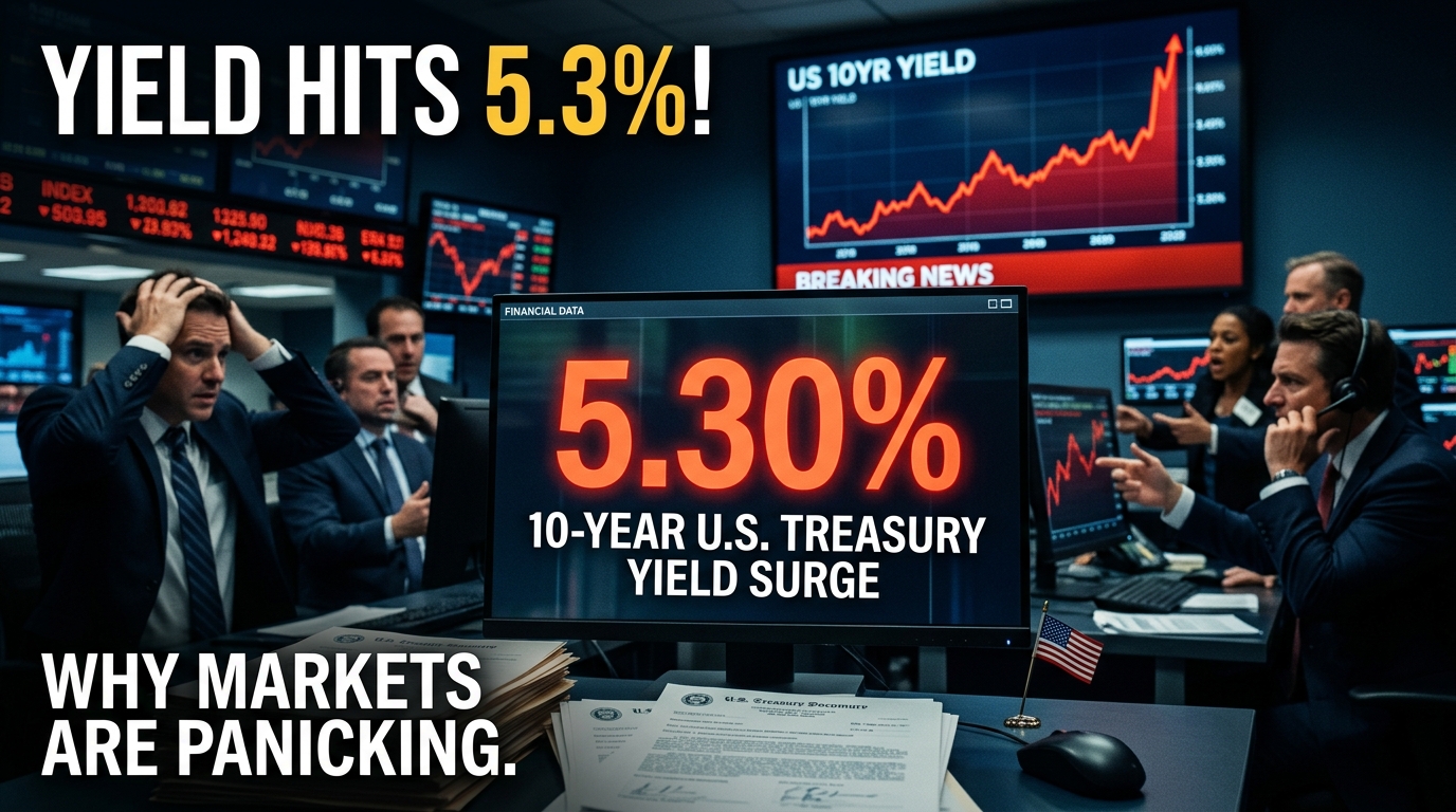 U.S. 10-year Treasury yield surges above 5.3% as bond-market selloff raises concerns about inflation, interest rates, mortgages, and stock markets.