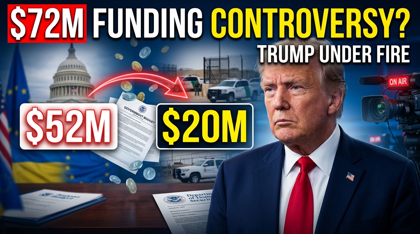 Donald Trump featured in a dramatic news thumbnail about $52 million in redirected military aid and $20 million in DHS funding for television ads, with U.S. Capitol, border security, and government budget imagery in the background.
