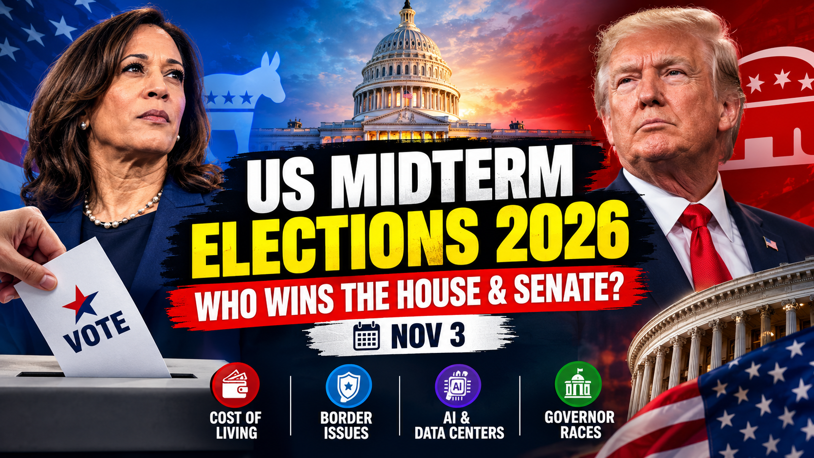 US Midterm Elections 2026 thumbnail featuring the U.S. Capitol, Democratic and Republican imagery, voting ballot, and headline about House and Senate control on November 3.
