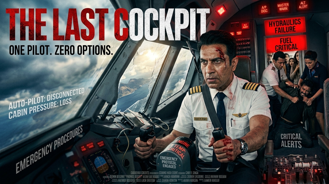 Captain Smit Machchhar in a dramatic cockpit emergency after a violent attack on Flydubai Flight FZ1073, with passengers rushing to help and the aircraft descending over the clouds.