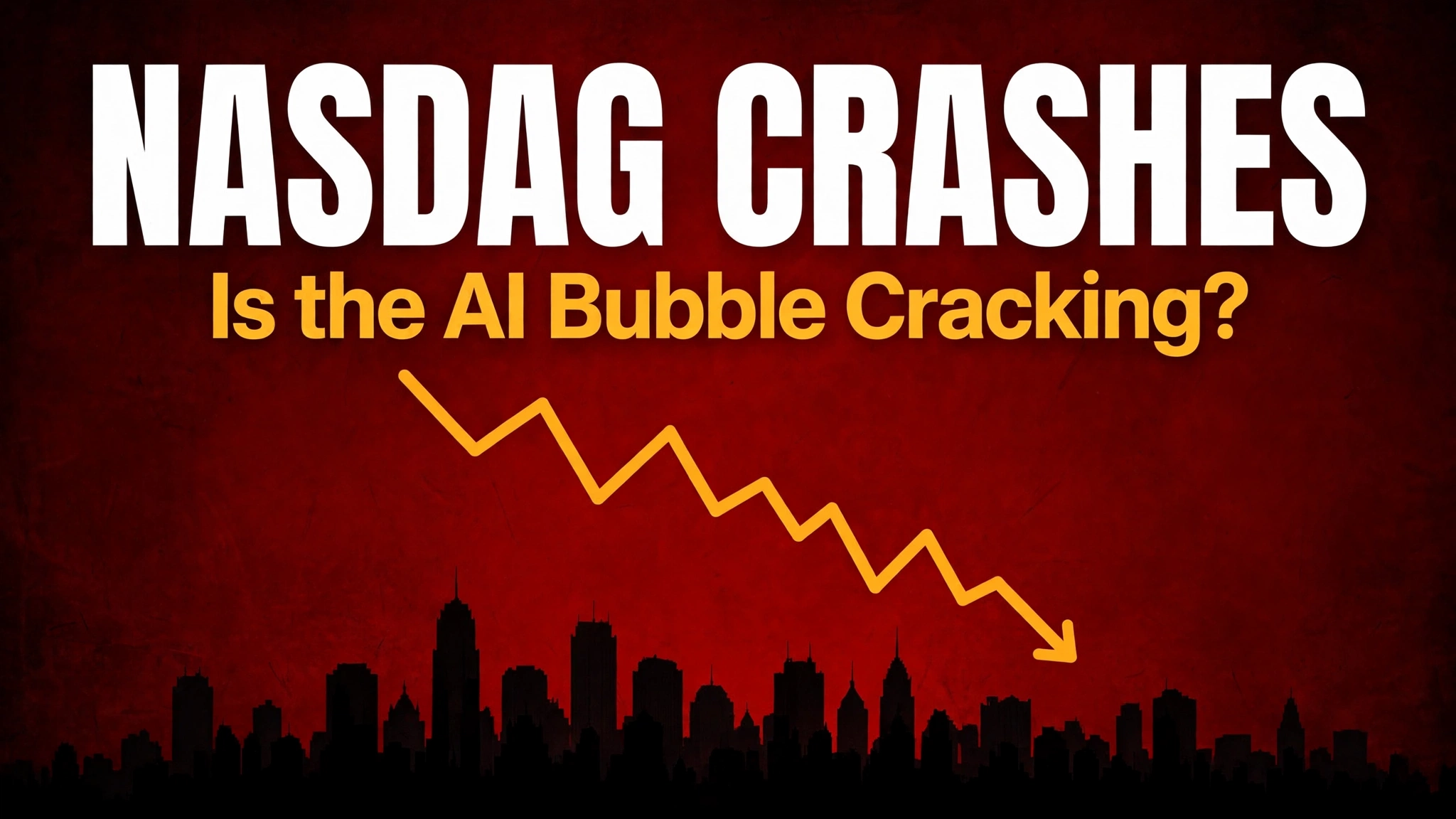 Red stock market chart falling over a New York skyline during a Nasdaq tech selloff driven by AI spending fears