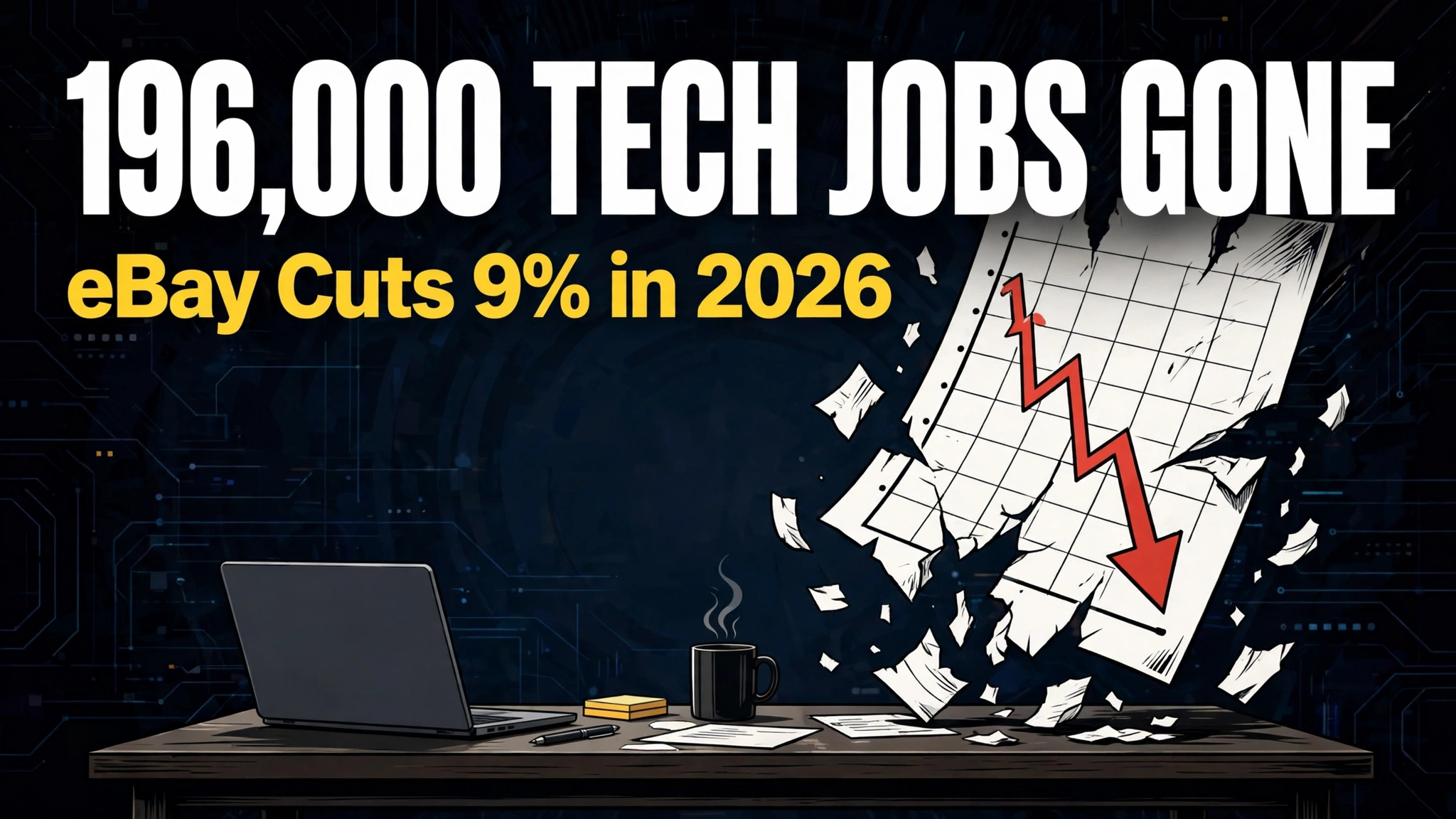 Workers leaving a modern tech office as a chart shows tech layoffs 2026 rising to nearly 200,000