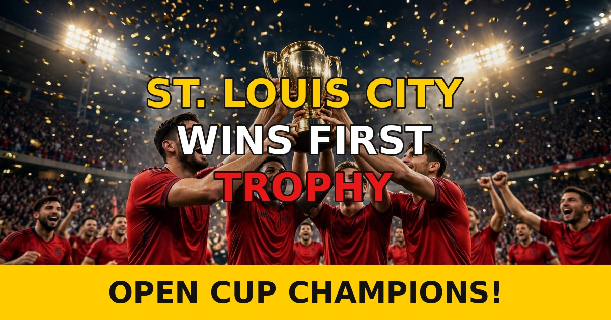 St. Louis CITY players celebrating their first trophy after the U.S. Open Cup final shootout win over Columbus
